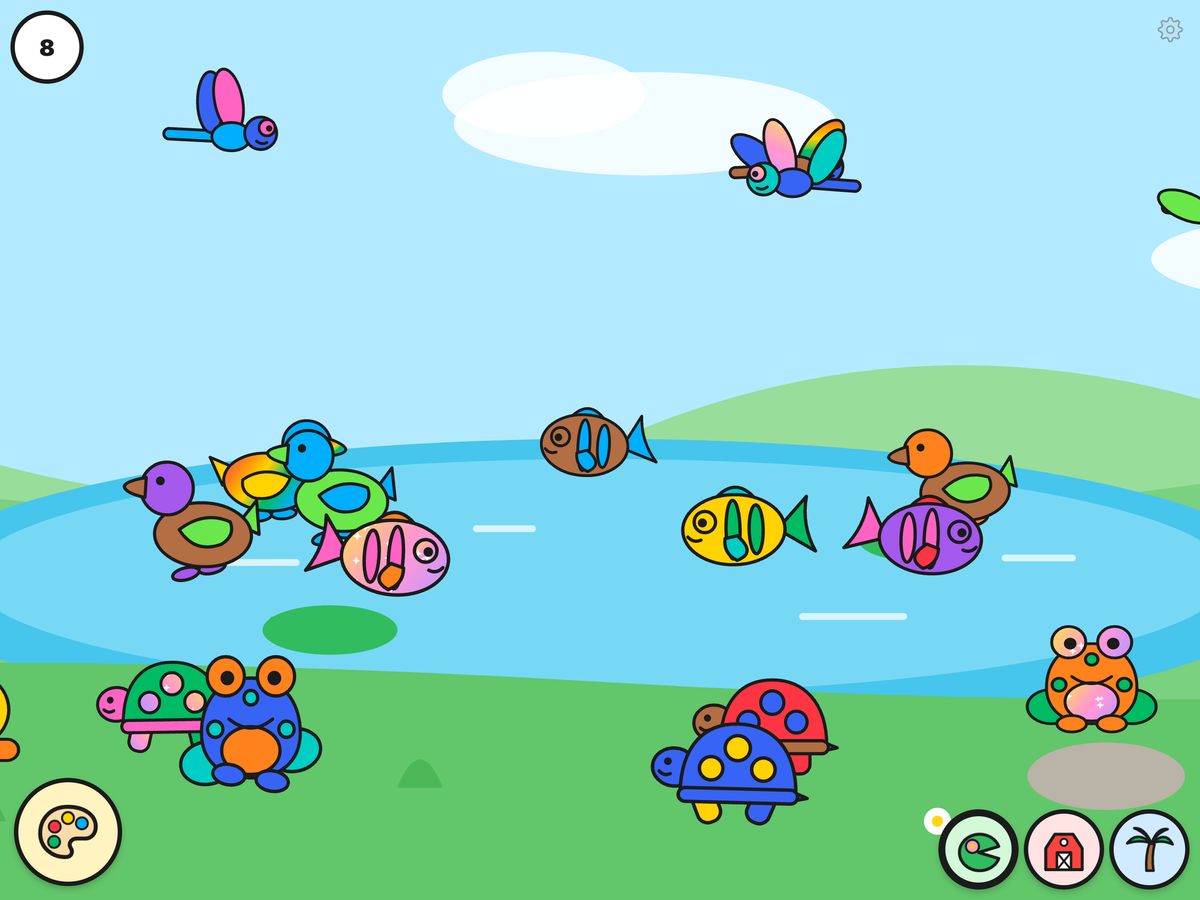 Colour Critters: a pond full of animals a child has coloured in